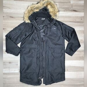 Sportier Winter Coat Black Lots Of Pockets/zippers Hood Zips Off Men's Sz L